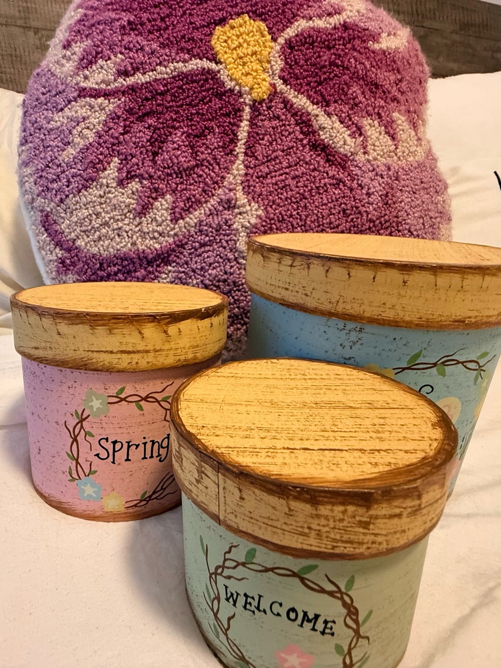 Adorable Pastel Pink, Blue & Green Floral 'Welcome' small Canister Trio